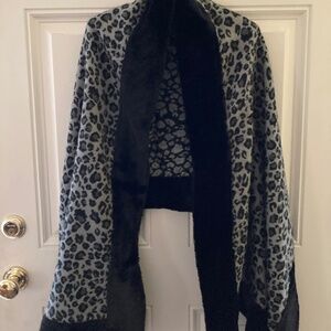 Dennis Basso Leopard Print Jacquard Shawl/Fur Trim/Black & Gray/72 x 26"/NEW!!!